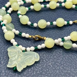 Jade jadeite gemstone beaded necklace & bracelet set butterfly hand crafted